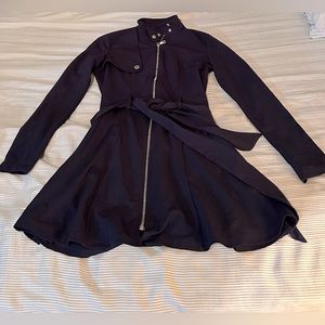 Navy blue mini dress with front zipper and waist wrap